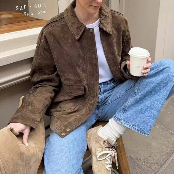 Brown Casual Women's Zip  upfaux Suede Bomber Jacket Coat - Picture 4 of 8